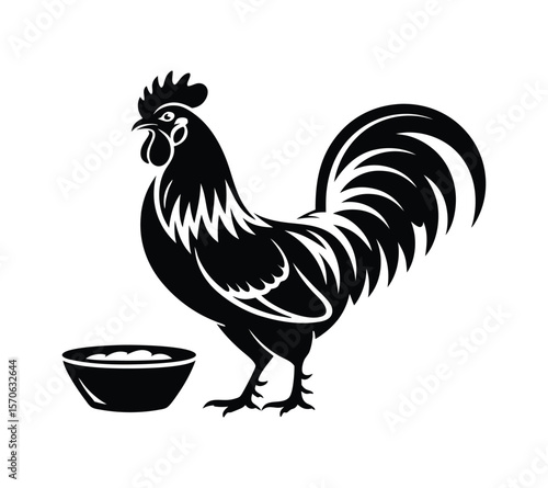 Rooster Eating from a Bowl Silhouette Vector Illustration, Farm Chicken Feeding on Grain Icon for Agriculture Logo
