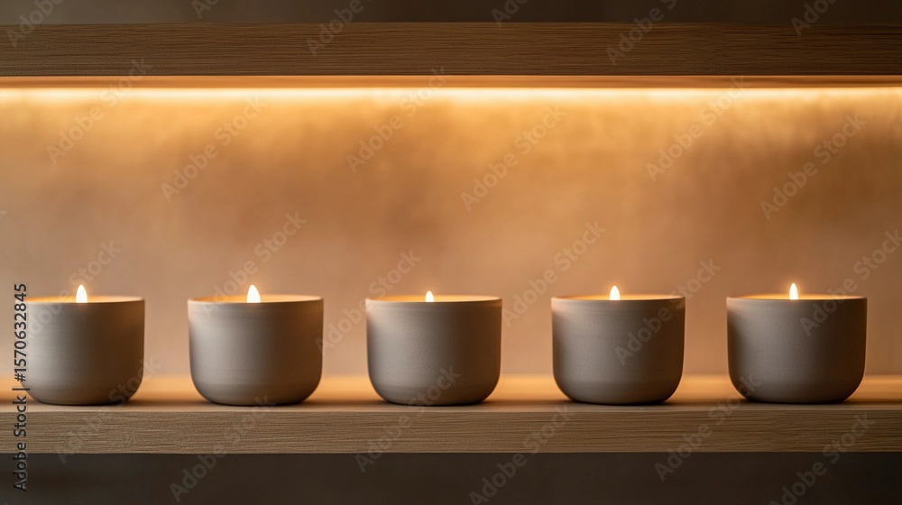 Obraz premium Glowing candles on wooden shelf