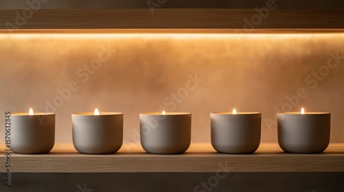 Glowing candles on wooden shelf