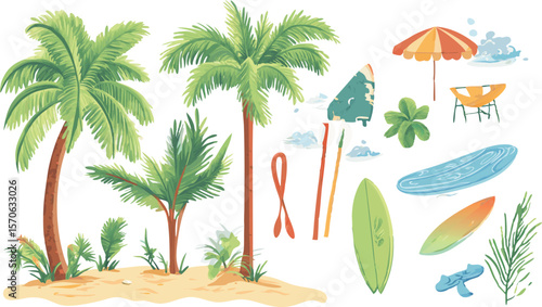 Tropical Beach Vacation Elements with Palm Trees and Surfboards Illustration