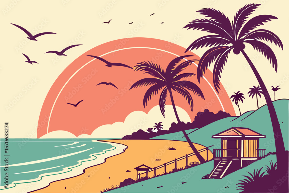 Obraz premium tropical sunset beach scene with palm trees, beach huts, and birds flying, digital art, vibrant colors, calming atmosphere