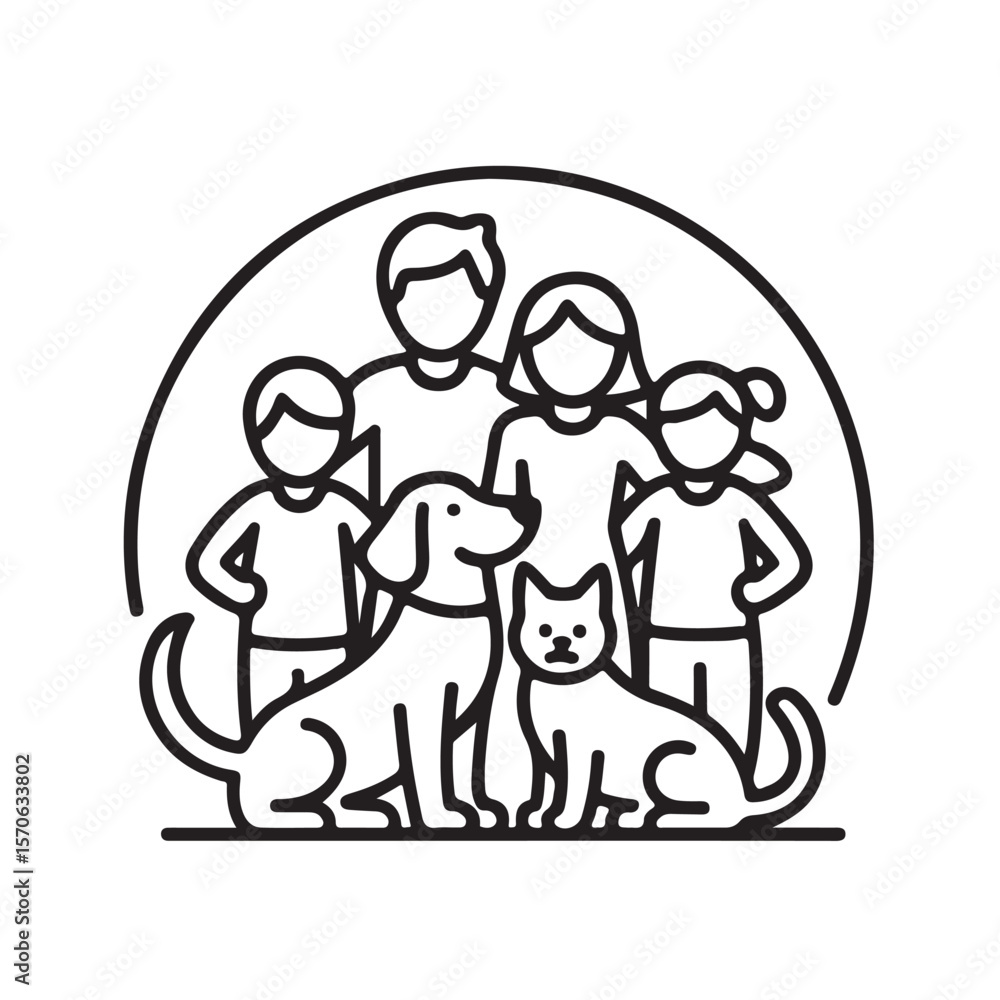 Family with Dog and Cat Line Art Illustration Black and White Family with Dog and Cat Line Art Illustration Black and White