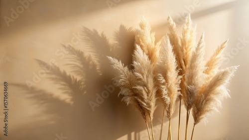 Pampas grass with natural shadows on beige wall or table, nature, texture,  nature, texture, foliage, botanical