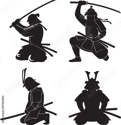 Set of Samurai silhouette vector illustration isolated On Transparent Background