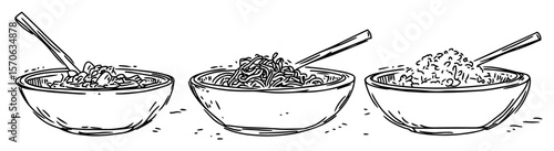 vector illustration of bowls with rice and noodles in sketch style