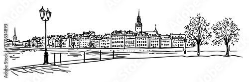 hand drawn urban riverside view of european city skyline