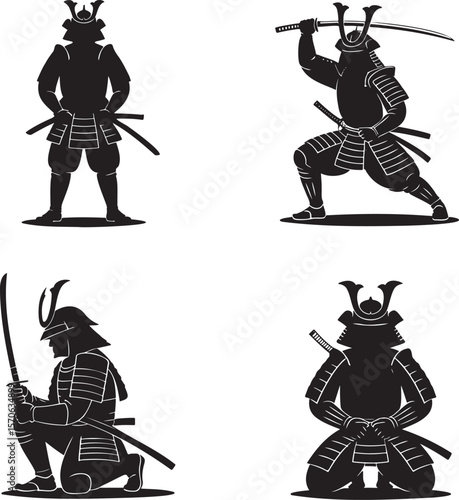 Set of Samurai silhouette vector illustration isolated On Transparent Background