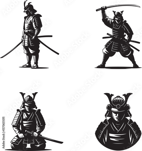 Set of Samurai silhouette vector illustration isolated On Transparent Background