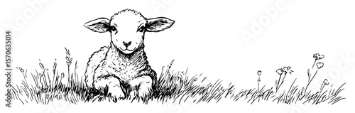 resting lamb in meadow line art vector illustration