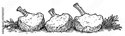 lamb chops with rosemary line art vector illustration