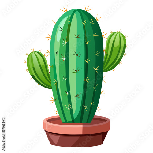 Vector illustration of a vibrant green cactus with spiky needles in a terracotta pot, isolated on a white backgr