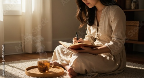 Person Journaling Cross-Legged with Calm Atmosphere and Tea