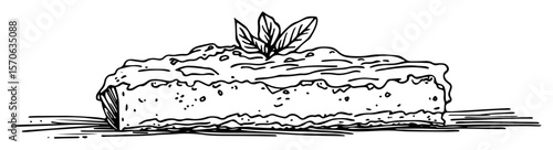 hand drawn vector illustration of cheesecake slice with mint