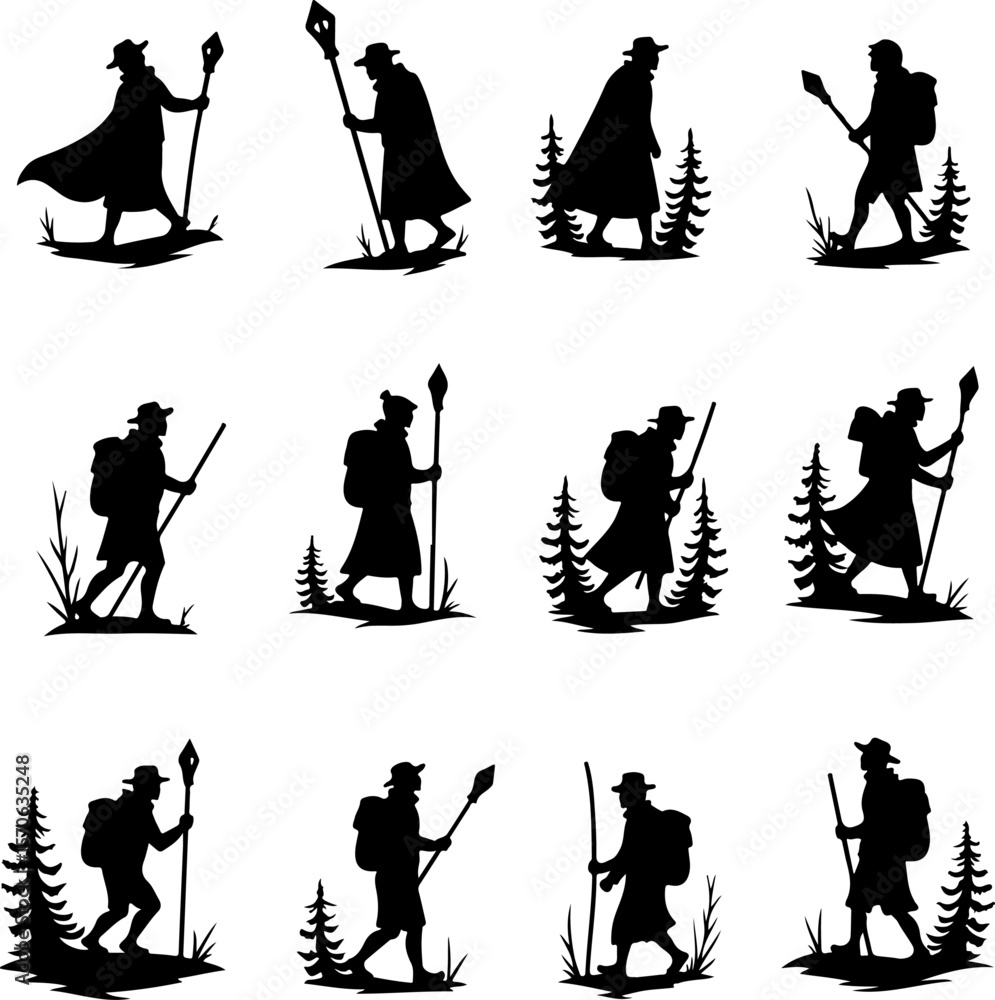 Obraz premium Hiker and Mountain Adventure Silhouette Set vector bundle