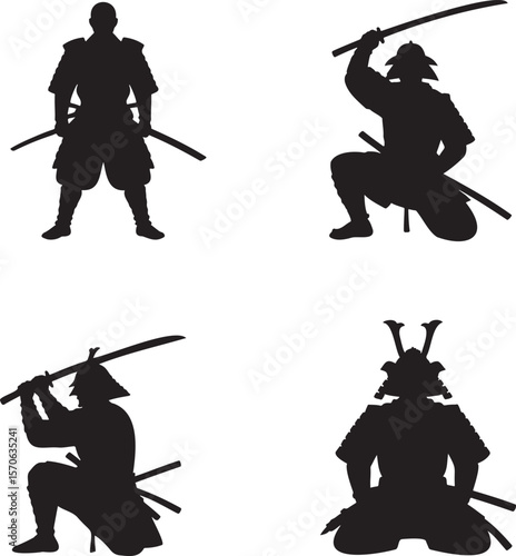 Set of Samurai silhouette vector illustration isolated On Transparent Background