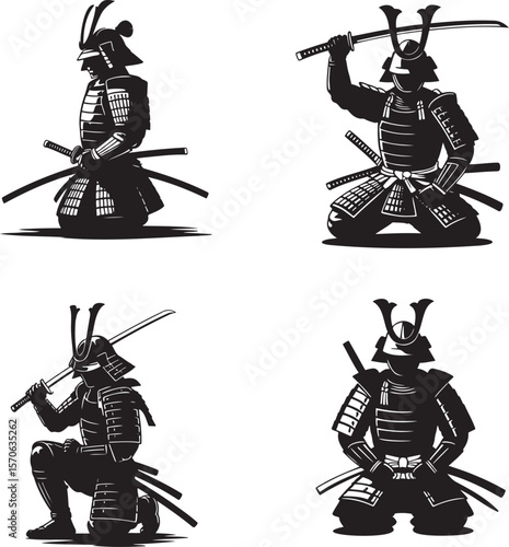 Set of Samurai silhouette vector illustration isolated On Transparent Background