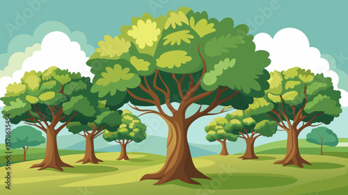 Vector illustration of a vibrant cartoon illustration showcases a cluster of lush green trees on a rolling grass