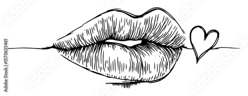 romantic kissing lips with heart in hand drawn style