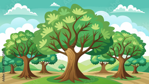 Vector illustration of a vibrant cartoon illustration of a lush forest with many green trees under a blue sky wi