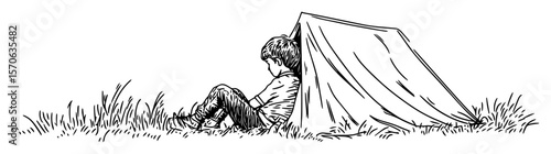 hand drawn vector of child resting near tent