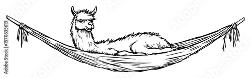 llama relaxing in hammock line art vector illustration