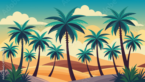 Vector illustration of vibrant illustration of palm trees against a colorful sunset sky with fluffy clouds