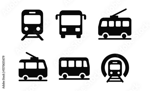 Set of public transport icons: bus, tram, train, and trolleybus symbols