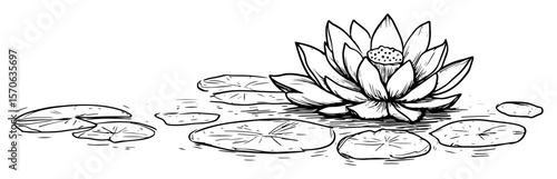 hand drawn blooming lotus flower with lily pads