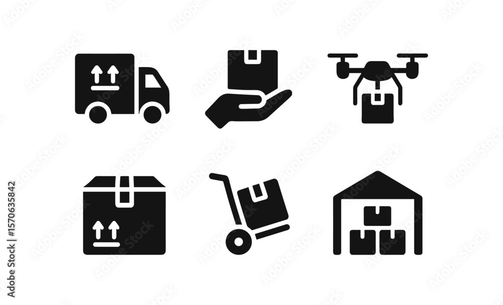 Delivery and logistics icons: truck, package, drone, warehouse, and handcart symbols Delivery and logistics icons: truck, package, drone, warehouse, and handcart symbols