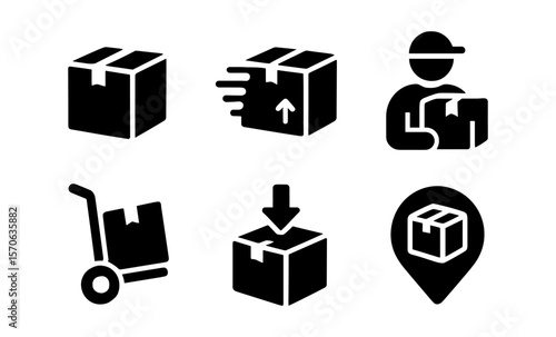 Package delivery icons set: shipping, courier, parcel, and logistics symbols