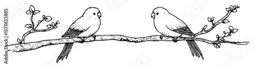 lovebirds perched on blossoming branch line art vector illustration