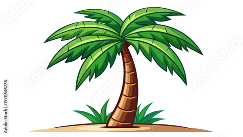 Vector illustration of a vibrant cartoon palm tree stands tall on a sandy island, isolated on a white background