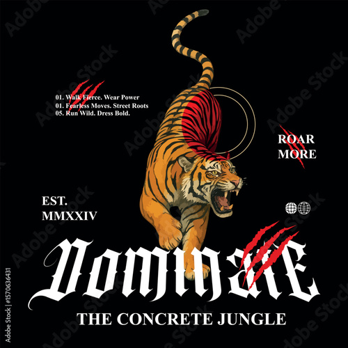 Unleash the power of the wild with this fierce and fearless tiger artwork titled Dominate the Concrete Jungle. Roaring with energy and strength, the tiger leaps forward, its claws slashing through the