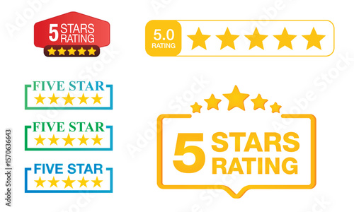 5 star icon. symbol of customers rating for product or service. gold, yellow, red, green, five star sign with text for app, website, ui design element. Five Star logo template illustration.Vector
