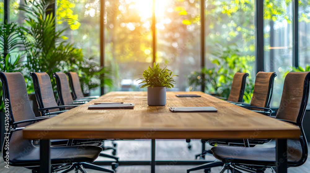 Obraz premium Business modern office open space with wooden table bokeh background blurred interior with panoramic windows and beautiful lighting
