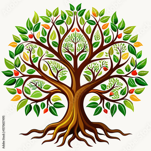 Vector illustration of stylized tree of life with vibrant green leaves and red fruit, isolated on white backgrou