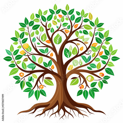 Vector illustration of vibrant stylized tree of life with colorful leaves and fruits isolated on white backgroun