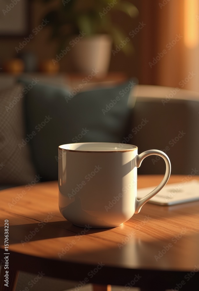 Obraz premium vacant coffee mug polished wood table sleek design warm ambiance evening relaxation, cup, beverage, drink, ceramic, interior, home, decor, texture, scene
