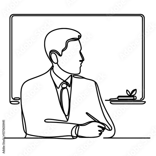 One-line drawing of male teacher in suit sitting at desk in front of blackboard, black and white, education and professionalism concept
