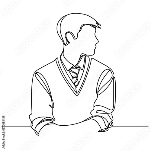 Continuous line drawing of young man in sweater and tie looking aside, black and white, casual business and thinking concept