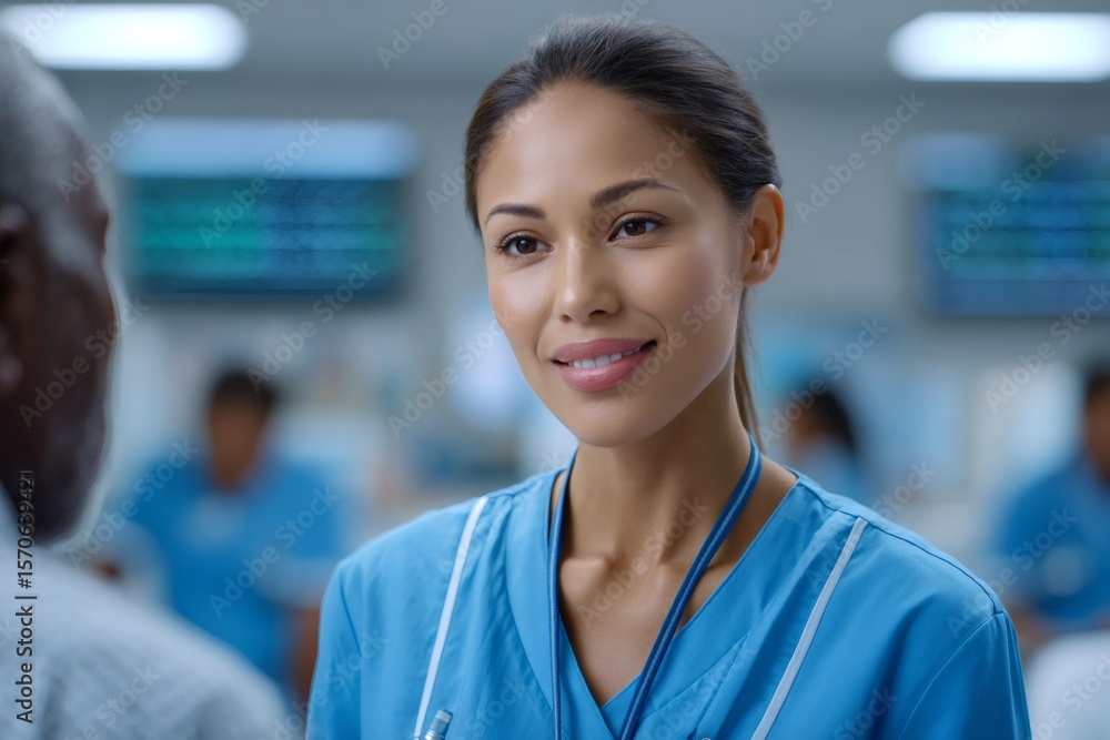 Obraz premium Friendly nurse smiling and talking with patient in hospital or clinic