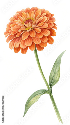 Watercolor Zinnia Flower Orange Petals Green Stem Leaves White Background