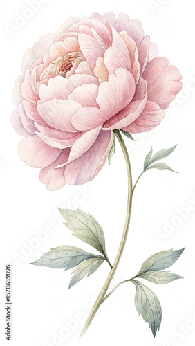 Watercolor Peony Bloom with Stem and Leaves on White Background