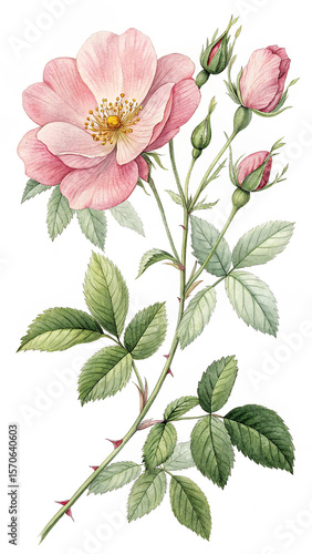 Watercolor Wild Rose Bloom with Buds and Green Leaves on White