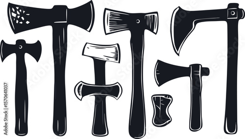 Collection of Different Axe Types in Black and White Illustration