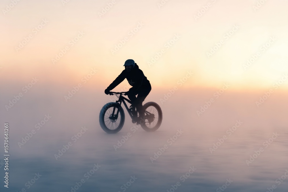 Obraz premium Cyclist navigating through fog at sunset, showcasing determinati