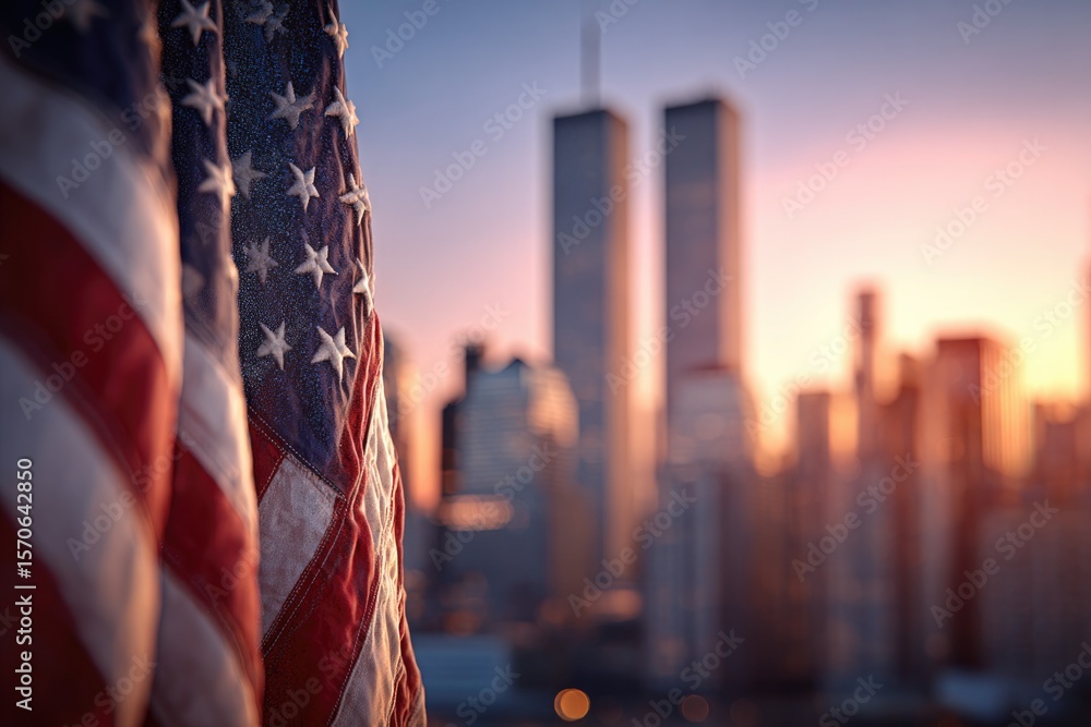 American flag waves gently in foreground, reflecting light from American flag waves gently in foreground, reflecting light from
