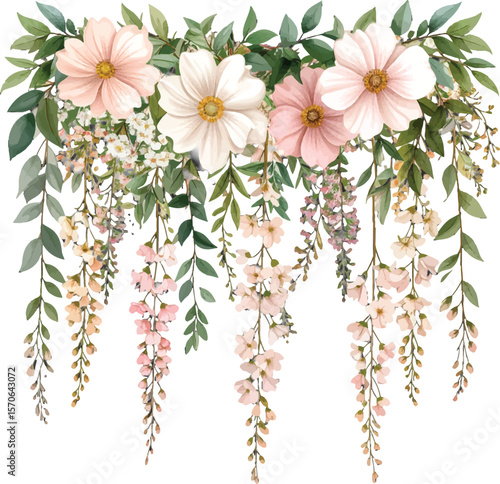 Vintage-inspired floral garland with delicate blooms. flower with hanging vines and greens. Charming pastel flower garland for a romantic touch. Floral design with cascading pink flowers and greenery.
