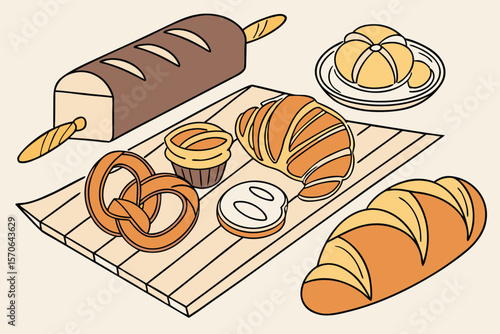  bread, buns, pretzels, croissant, rolls, baguette, pastries, loaf of bread, sliced bread
