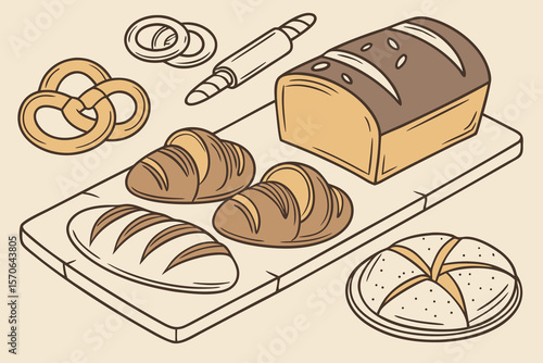  bread, buns, pretzels, croissant, rolls, baguette, pastries, loaf of bread, sliced bread